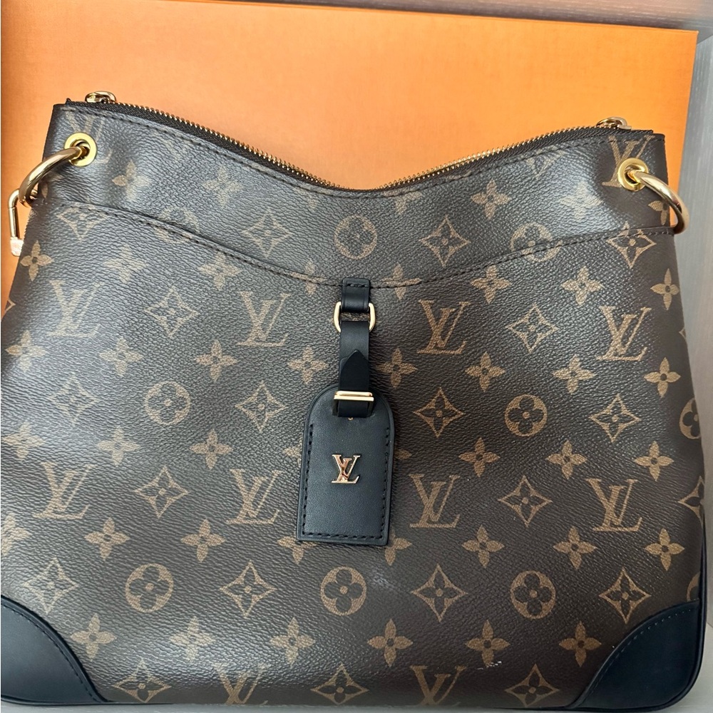 Louis Vuitton Monogram Odeon MM Shoulder Bag with Black Trim and Gold Hardware